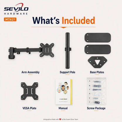SEVILO HARDWARE Single Monitor Desktop Stand for 17–27 Inch Displays, 10kg Load, 180° Swivel, 360° Pivot, VESA 50×50–100×100mm, Iron