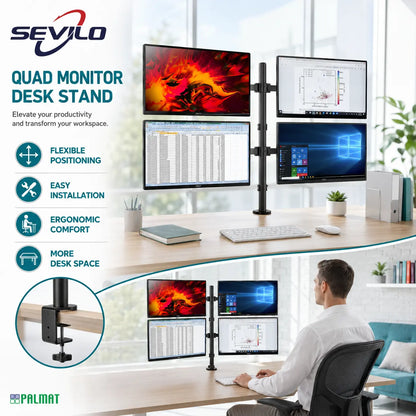 SEVILO HARDWARE M624 Quad Monitor Desk Mount for 17–27 Inch Displays, 10kg Per Mount / 40kg Total, 360° Pivot, 180° Swivel, VESA 50×50–100×100mm