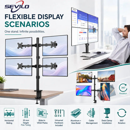 SEVILO HARDWARE M624 Quad Monitor Desk Mount for 17–27 Inch Displays, 10kg Per Mount / 40kg Total, 360° Pivot, 180° Swivel, VESA 50×50–100×100mm