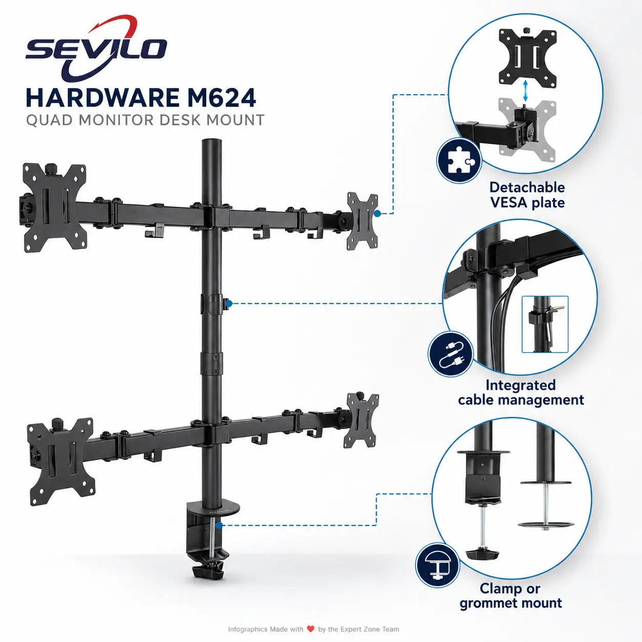 SEVILO HARDWARE M624 Quad Monitor Desk Mount for 17–27 Inch Displays, 10kg Per Mount / 40kg Total, 360° Pivot, 180° Swivel, VESA 50×50–100×100mm