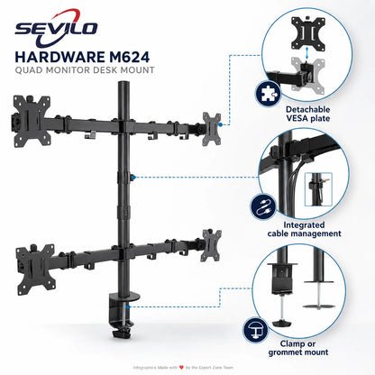 SEVILO HARDWARE M624 Quad Monitor Desk Mount for 17–27 Inch Displays, 10kg Per Mount / 40kg Total, 360° Pivot, 180° Swivel, VESA 50×50–100×100mm