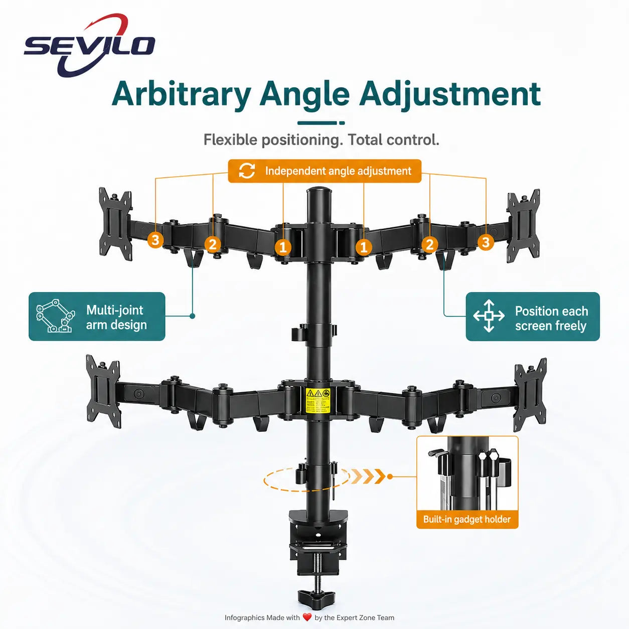 SEVILO HARDWARE M624 Quad Monitor Desk Mount for 17–27 Inch Displays, 10kg Per Mount / 40kg Total, 360° Pivot, 180° Swivel, VESA 50×50–100×100mm