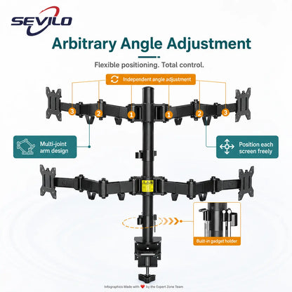 SEVILO HARDWARE M624 Quad Monitor Desk Mount for 17–27 Inch Displays, 10kg Per Mount / 40kg Total, 360° Pivot, 180° Swivel, VESA 50×50–100×100mm