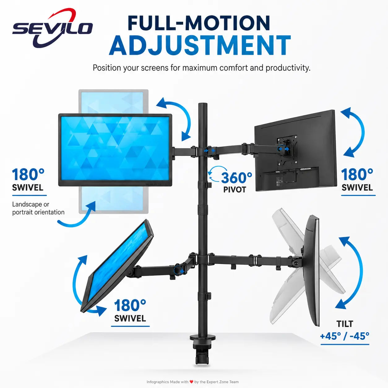 SEVILO HARDWARE M624 Quad Monitor Desk Mount for 17–27 Inch Displays, 10kg Per Mount / 40kg Total, 360° Pivot, 180° Swivel, VESA 50×50–100×100mm