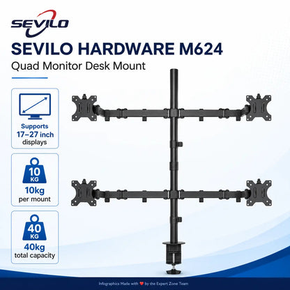 SEVILO HARDWARE M624 Quad Monitor Desk Mount for 17–27 Inch Displays, 10kg Per Mount / 40kg Total, 360° Pivot, 180° Swivel, VESA 50×50–100×100mm