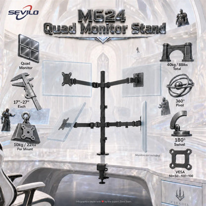 SEVILO HARDWARE M624 Quad Monitor Desk Mount for 17–27 Inch Displays, 10kg Per Mount / 40kg Total, 360° Pivot, 180° Swivel, VESA 50×50–100×100mm