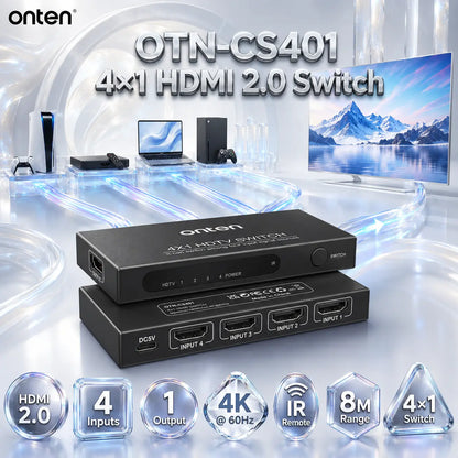 ONTEN OTN-CS401 4×1 HDMI 2.0 Switch – 4 HDMI Inputs to 1 Output, 4K@60Hz Ultra HD, Manual Source Switching & IR Remote Control With Up to 8M Range