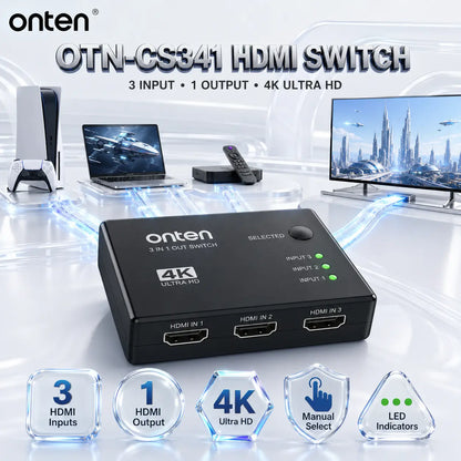 ONTEN OTN-CS341 HDMI Switch 3 In 1 Out, 4K Ultra HD Multi-Source HDMI Selector with Manual Select Button and LED Indicators