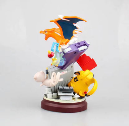 Pokémon Diorama 20CM featuring Pikachu, Charizard, and Mew Interacting with Classic Nintendo Game Boy Consoles.