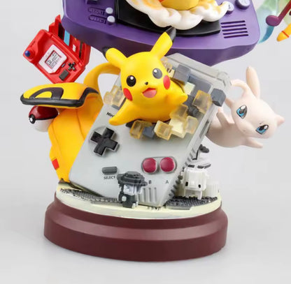 Pokémon Diorama 20CM featuring Pikachu, Charizard, and Mew Interacting with Classic Nintendo Game Boy Consoles.