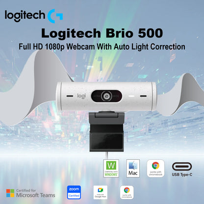 Logitech Brio 500 Full HD 1080p Webcam With Auto Light Correction RightLight 4, Auto-Framing RightSight - White