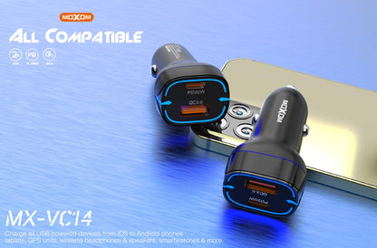 شاحن سيارة سريع MOXOM MX-VC14 بمنفذين USB/C PD 