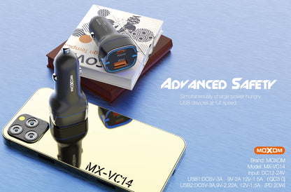شاحن سيارة سريع MOXOM MX-VC14 بمنفذين USB/C PD 