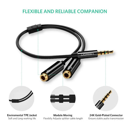 UGREEN Headphone Splitter 3.5mm 2 Female to 1 Male Mic and Audio Y Splitter TRRS Headset Adapter Cable Stereo Compatible with Laptop PS4 Xbox PC Phone Tablet Gaming | UGREEN-30620