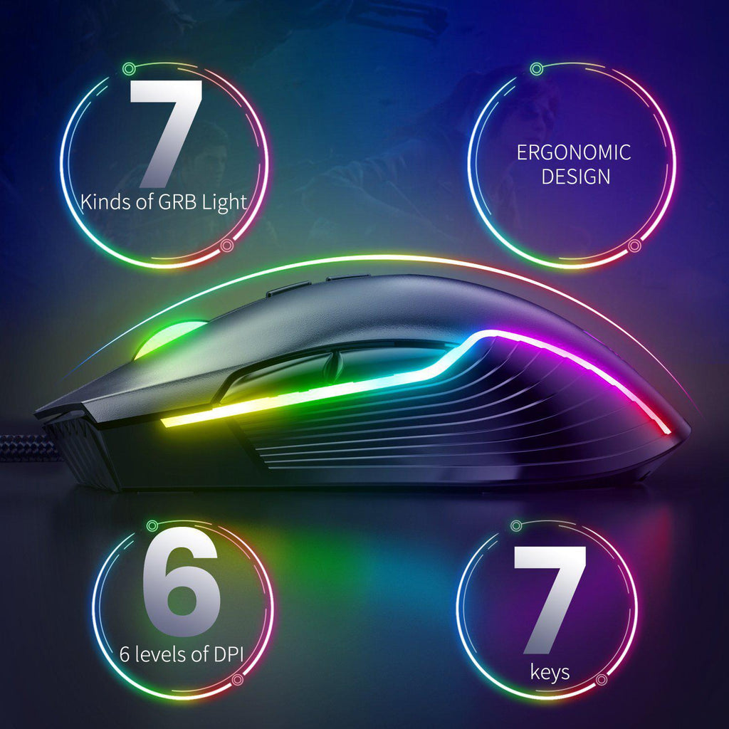 Onikuma CW905 6400 DPI Wired Gaming Mouse 7 Buttons Design RGB - Black
