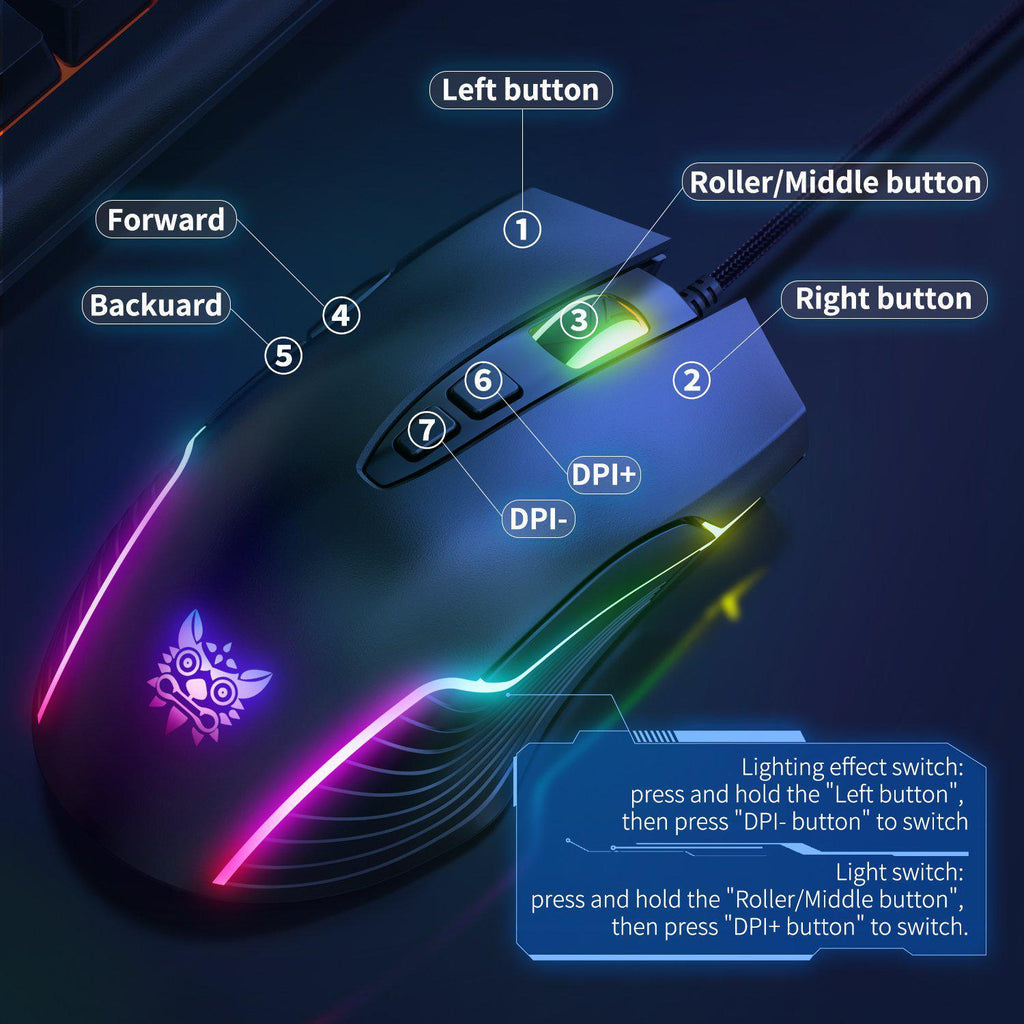 Onikuma CW905 6400 DPI Wired Gaming Mouse 7 Buttons Design RGB - Black