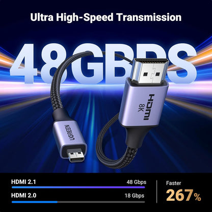 UGREEN 8K Micro HDMI To HDMI Cable 2-meters, HDMI 2.1 48Gbps, 8K@60Hz, 4K@240Hz, HDR eARC Dolby Atmos , Braided Aluminum Shell , Ultra High Speed | HD164 15517