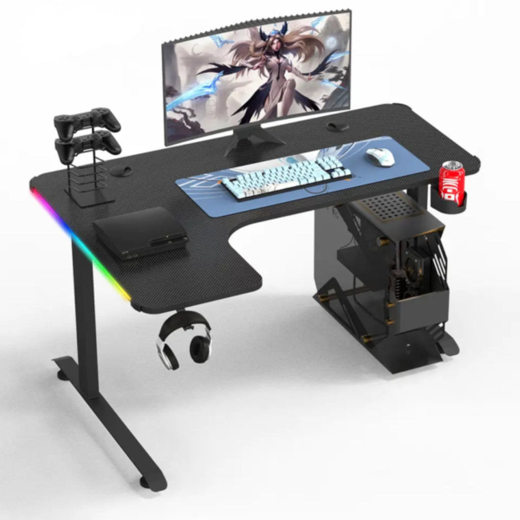 L Shape 160CM Gaming Desk With Side LED, Cup Holder and Headset Holder - Black