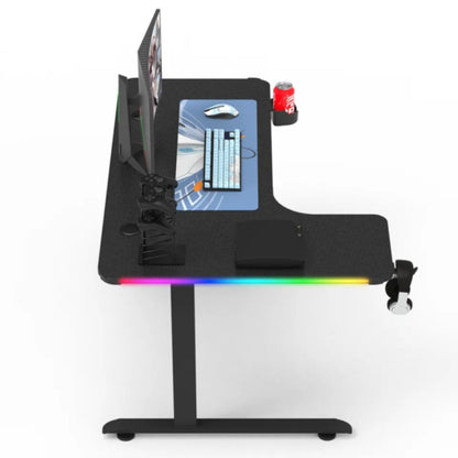 L Shape 160CM Gaming Desk With Side LED, Cup Holder and Headset Holder - Black