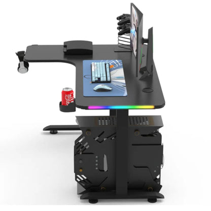 L Shape 160CM Gaming Desk With Side LED, Cup Holder and Headset Holder - Black