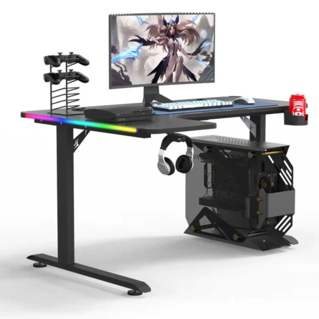 L Shape 160CM Gaming Desk With Side LED, Cup Holder and Headset Holder - Black