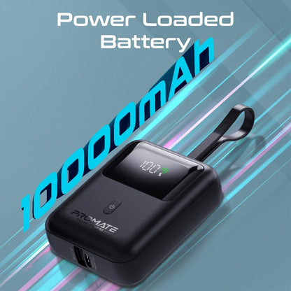 Promate PowerPod-10 Ultra Compact 35W Power Bank With 10000mAh Battery, Built-In USB-C Cable, USB-C Power Delivery, QC 3.0 USB-A, Smart LED Display