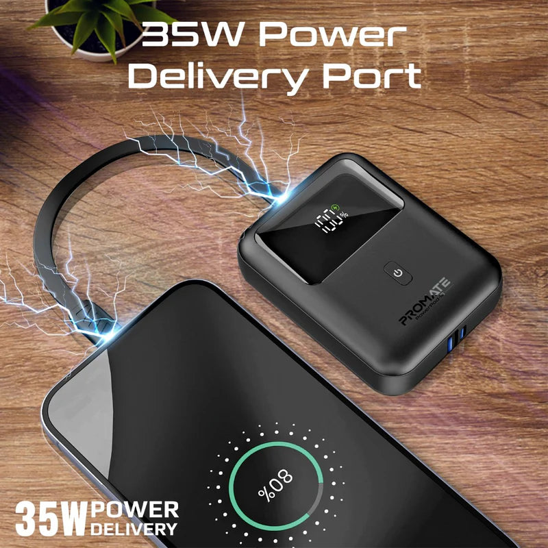 Promate PowerPod-10 Ultra Compact 35W Power Bank With 10000mAh Battery, Built-In USB-C Cable, USB-C Power Delivery, QC 3.0 USB-A, Smart LED Display