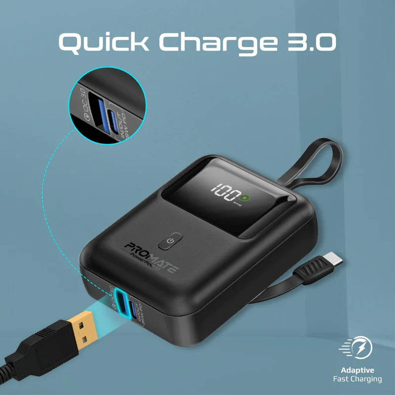 Promate PowerPod-10 Ultra Compact 35W Power Bank With 10000mAh Battery, Built-In USB-C Cable, USB-C Power Delivery, QC 3.0 USB-A, Smart LED Display