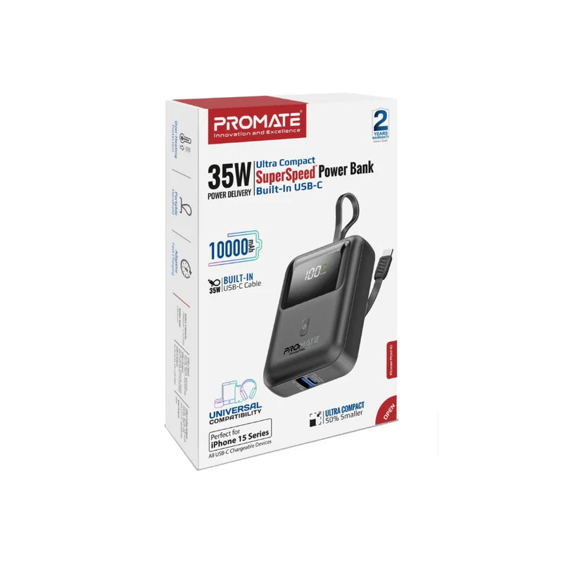 Promate PowerPod-10 Ultra Compact 35W Power Bank With 10000mAh Battery, Built-In USB-C Cable, USB-C Power Delivery, QC 3.0 USB-A, Smart LED Display