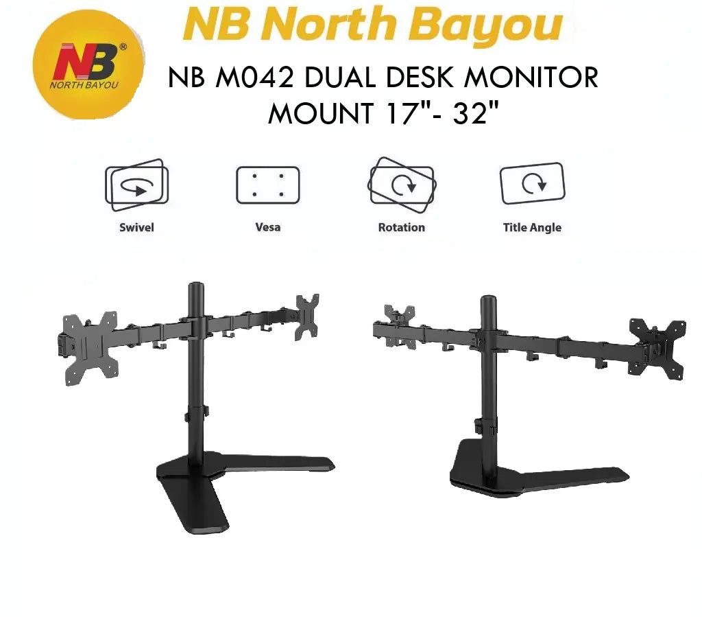 NB M042 Dual Desk Monitor Mount | Fits 17”-32” | 9kg Load per Screen | 360° Rotation | 90° Swivel | Adjustable Height & Tilt | VESA 75/100 | Matte Black Steel