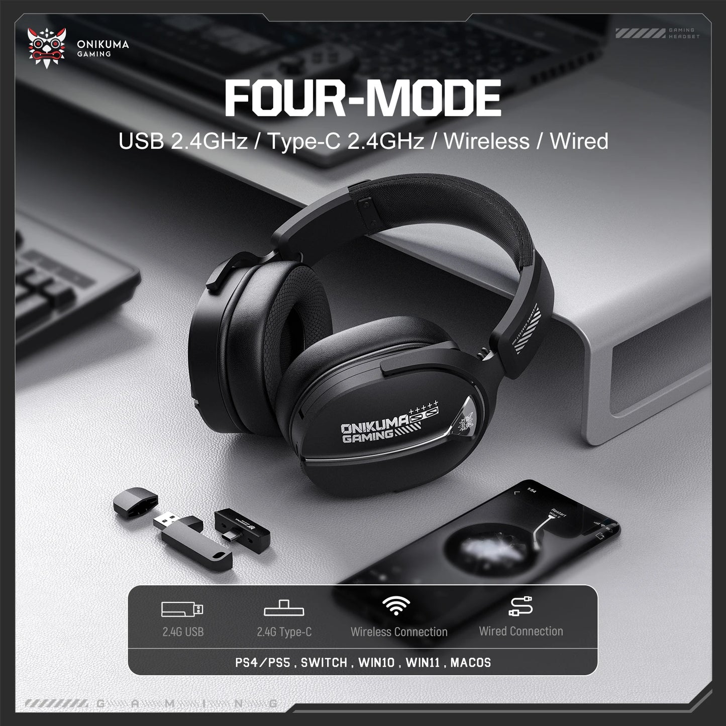 Onikuma GT887 4-Mode Gaming Headset with Microphone - Black