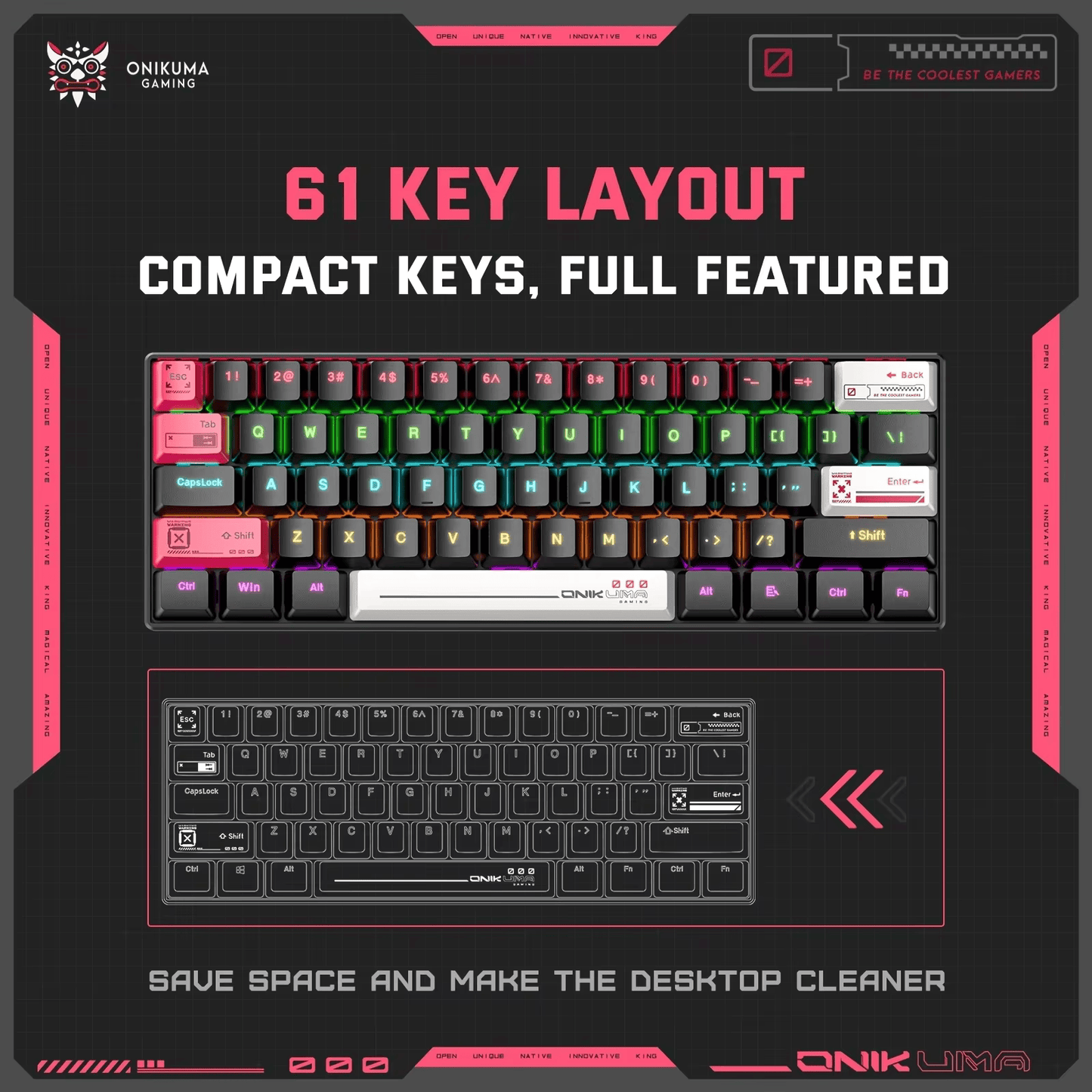 ONIKUMA G55 Mechanical Gaming Keyboard 61 Keys Layout RGB Customized Wired Colorful LED Backlit Keyboard