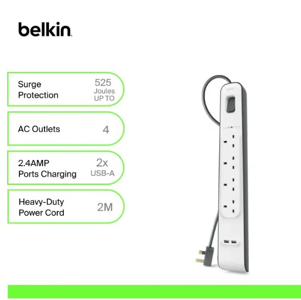 Belkin Surge Protection Power Strip: 4 Outlets, 2.4 amp 2 USB Ports , Heavy-Duty , Damage-Resistant Housing , Surge Protection , 2 Meter Cord