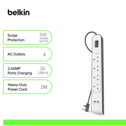 Belkin Surge Protection Power Strip: 4 Outlets, 2.4 amp 2 USB Ports , Heavy-Duty , Damage-Resistant Housing , Surge Protection , 2 Meter Cord