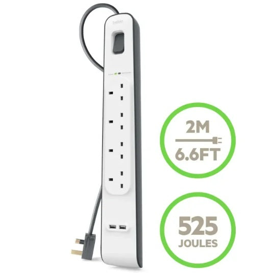 Belkin Surge Protection Power Strip: 4 Outlets, 2.4 amp 2 USB Ports , Heavy-Duty , Damage-Resistant Housing , Surge Protection , 2 Meter Cord