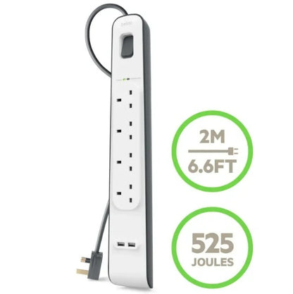 Belkin Surge Protection Power Strip: 4 Outlets, 2.4 amp 2 USB Ports , Heavy-Duty , Damage-Resistant Housing , Surge Protection , 2 Meter Cord