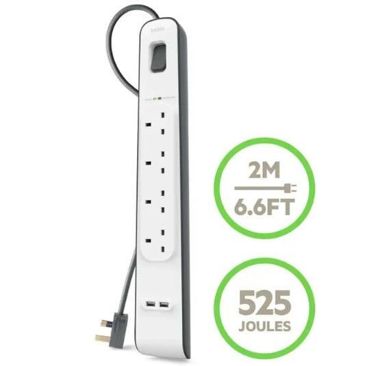 Belkin Surge Protection Power Strip: 4 Outlets, 2.4 amp 2 USB Ports , Heavy-Duty , Damage-Resistant Housing , Surge Protection , 2 Meter Cord