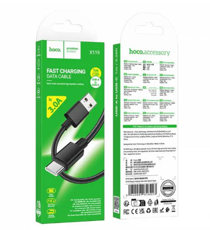 HOCO X119 USB Type-C Fast Charging Cable | 1 Meter | Nylon Braided | 3A High-Speed Charge | Aluminum Alloy Connector | Durable & Lightweight