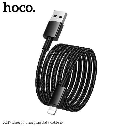 HOCO X119 USB to Lightning Cable | 1m (3.28ft) Nylon Braided | Fast Charging 2.4A | Anti-Bending, Aluminum Alloy Shell | Durable, Safe & Tangle