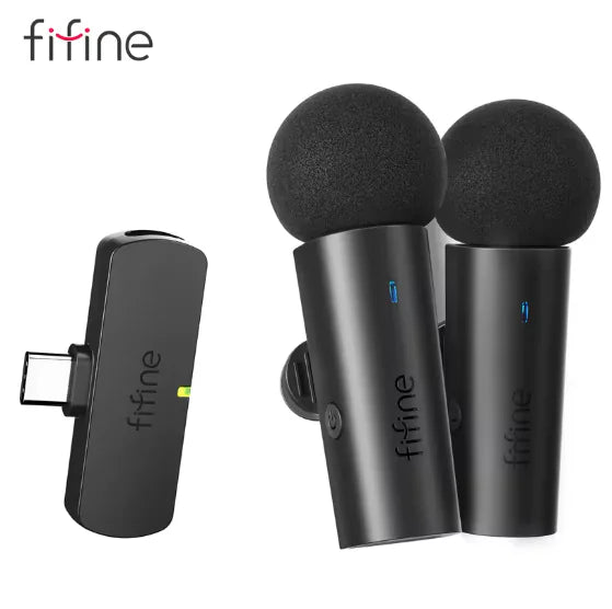 FIFINE M8 Dual Wireless Microphone Black – Lapel Mics with Quick-Mute Button, Plug & Play for Android, Clear Audio for Interviews, Podcasts, Vlogs & Live Recording