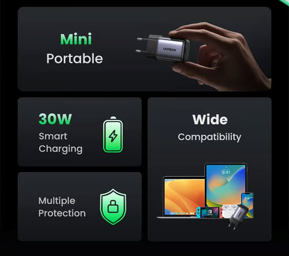 UGREEN Nexode 30W USB-C GaN II Fast Charger With PPS Adaptive Charging, Thermal Guard Protection And Ultra-Compact Design For iPhone 16, Galaxy S24 And MacBook Air | CD319-90666