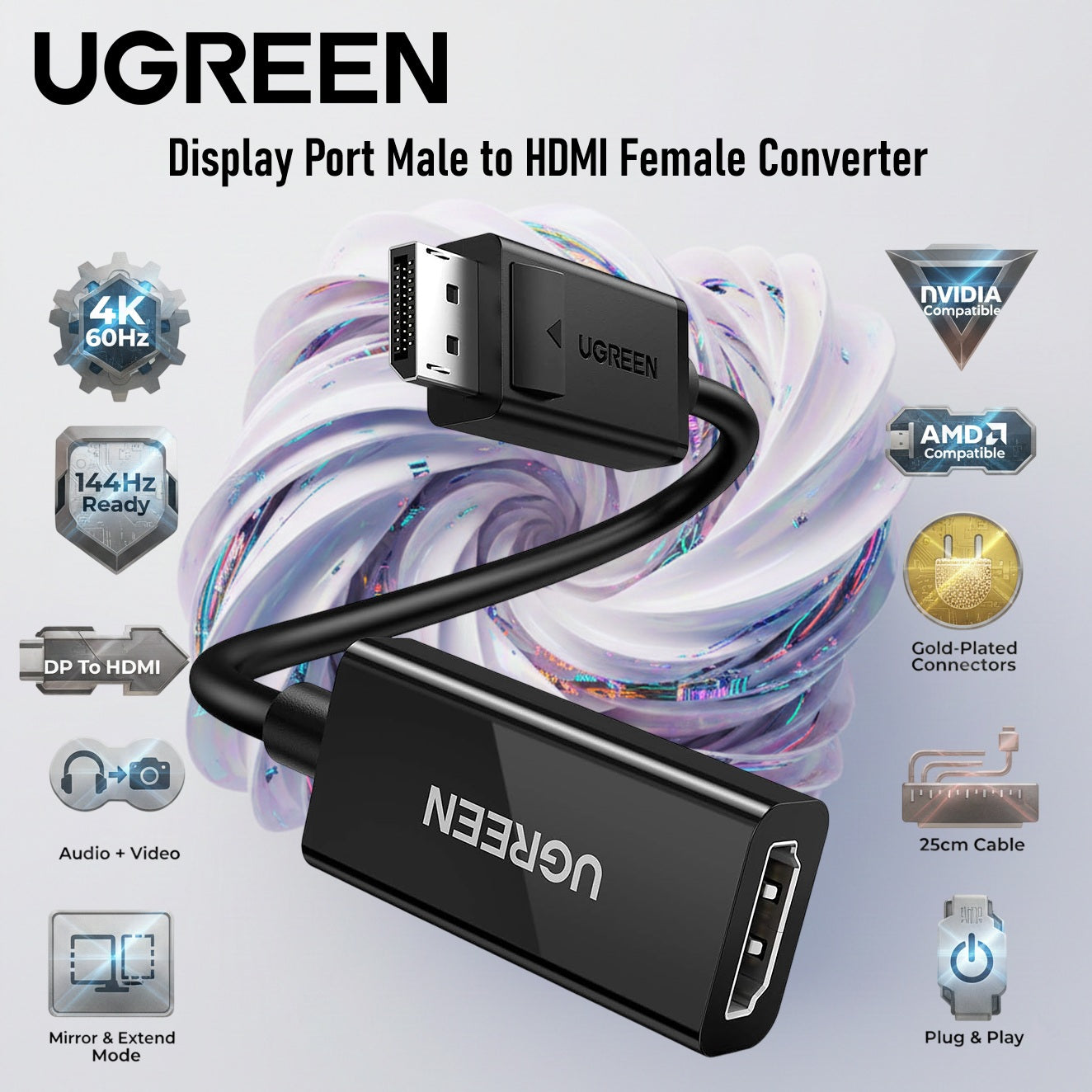 UGREEN DisplayPort To HDMI Adapter 4K@60Hz DP Male To HDMI Female Converter, 144Hz 1080P Support, Gold-Plated, 25cm Cable, AMD NVIDIA Compatible | MM137-70694