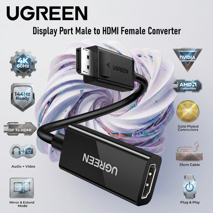UGREEN DisplayPort To HDMI Adapter 4K@60Hz DP Male To HDMI Female Converter, 144Hz 1080P Support, Gold-Plated, 25cm Cable, AMD NVIDIA Compatible | MM137-70694