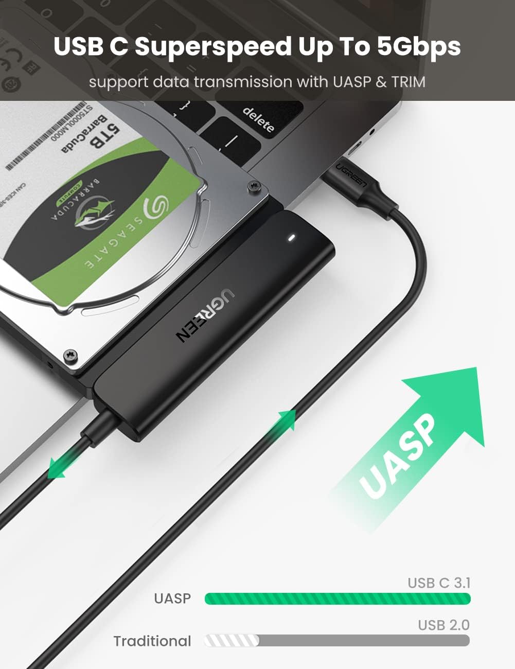 UGREEN SATA to USB C Adapter Cable for 2.5″ SSD and HDD Hard Drive Connector 5Gbps Support SATA III UASP Thunderbolt 3 Compatible with Samsung Seagate WD Hitachi Toshiba, MacBook Pro/Air | 70610
