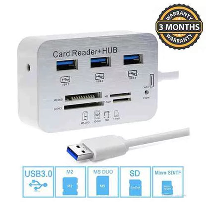 قارئ بطاقات متعدد الإمكانيات مع موزع USB 3.0 - USB من النوع A | USB من النوع C