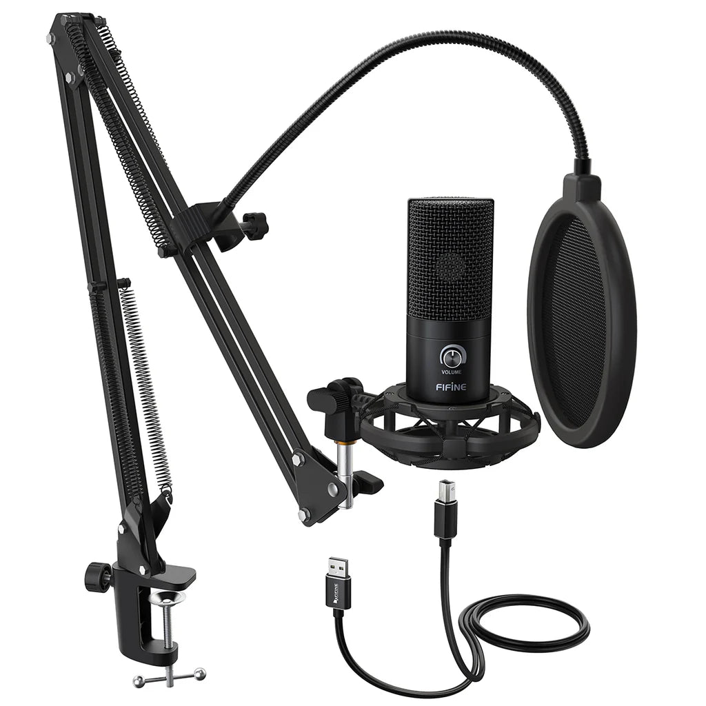 FIFINE T669 USB Microphone Bundle with Boom Arm & Shock Mount – Plug & Play Condenser Mic Kit for Streaming, Recording, Podcasting, Voice-Over & Gaming - Black