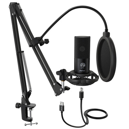 FIFINE T669 USB Microphone Bundle with Boom Arm & Shock Mount – Plug & Play Condenser Mic Kit for Streaming, Recording, Podcasting, Voice-Over & Gaming - Black