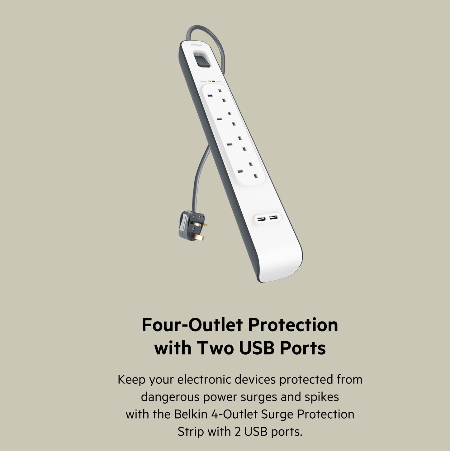 Belkin Surge Protection Power Strip: 4 Outlets, 2.4 amp 2 USB Ports , Heavy-Duty , Damage-Resistant Housing , Surge Protection , 2 Meter Cord