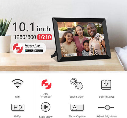 WiFi Digital Picture Frame Smart Photo Frame 10.1 Inch - 1280x800 IPS Screen, 32GB, Easy Setup, Motion Sensor, Share Photo Video via APP - Wooden | Black