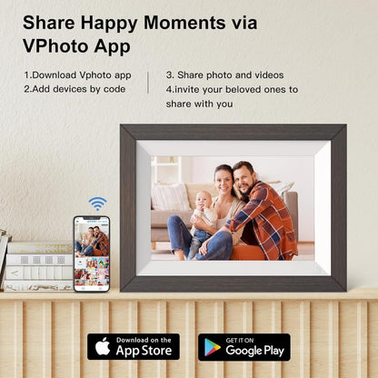 WiFi Digital Picture Frame Smart Photo Frame 10.1 Inch - 1280x800 IPS Screen, 32GB, Easy Setup, Motion Sensor, Share Photo Video via APP - Wooden | Black